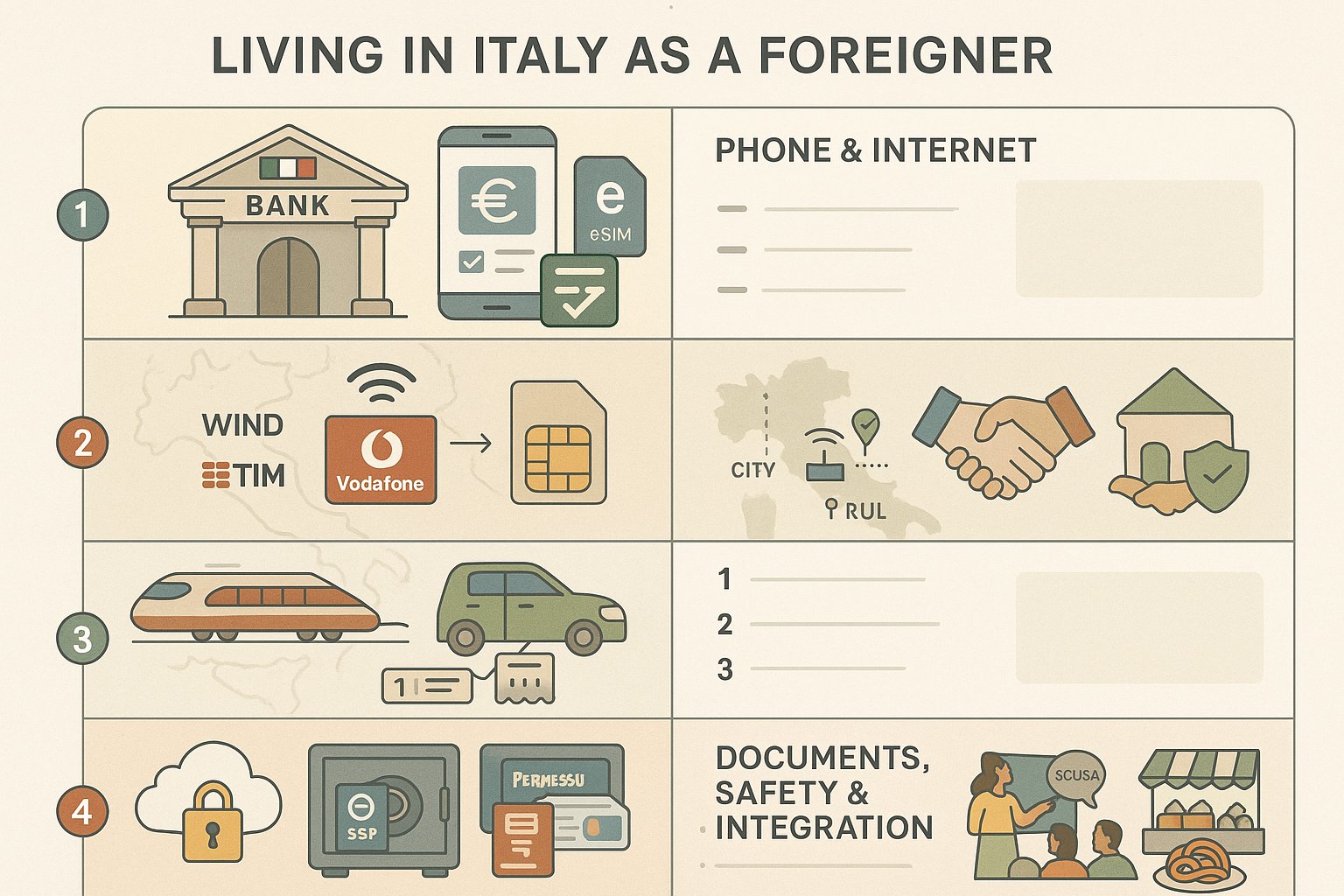 Infografica a quattro pannelli che mostra banche, telefono, trasporti, documenti e consigli culturali per vivere in Italia.