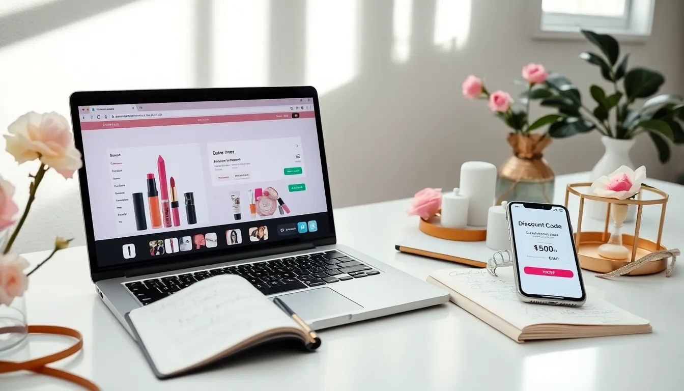 modern workspace with beauty products and discount code input.