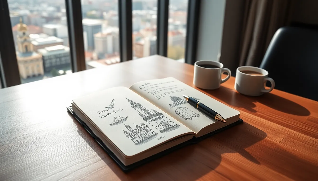 travel journal open on a desk with a view of the city.