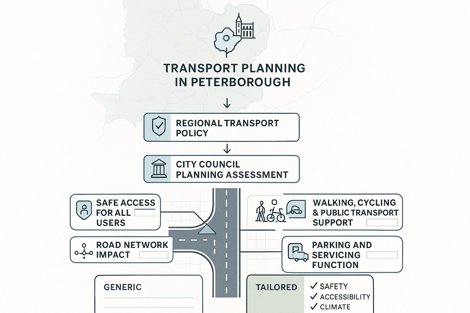 Infographic showing Peterborough transport planning policy, access checks, impacts, and mitigation.
