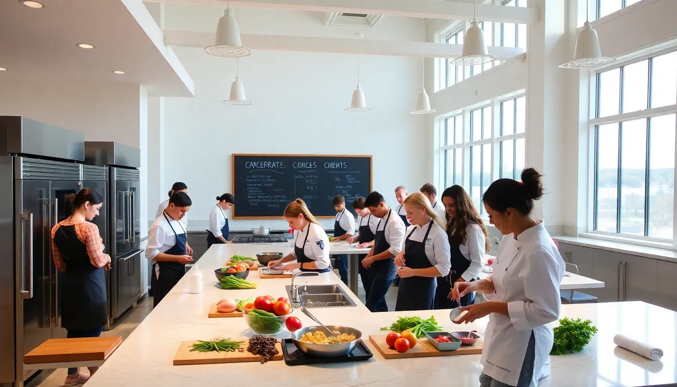 diverse students cooking in a modern culinary classroom.