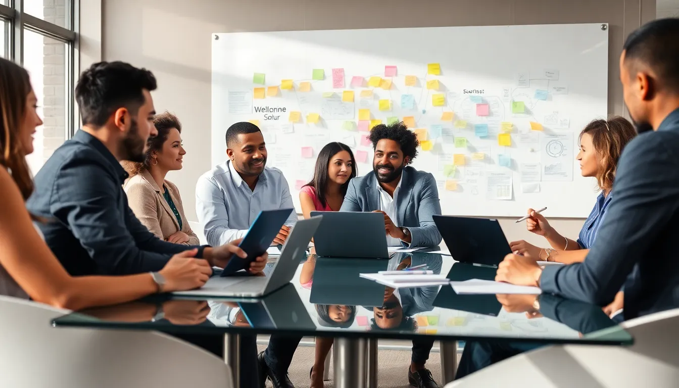 diverse team brainstorming in a modern office setting.