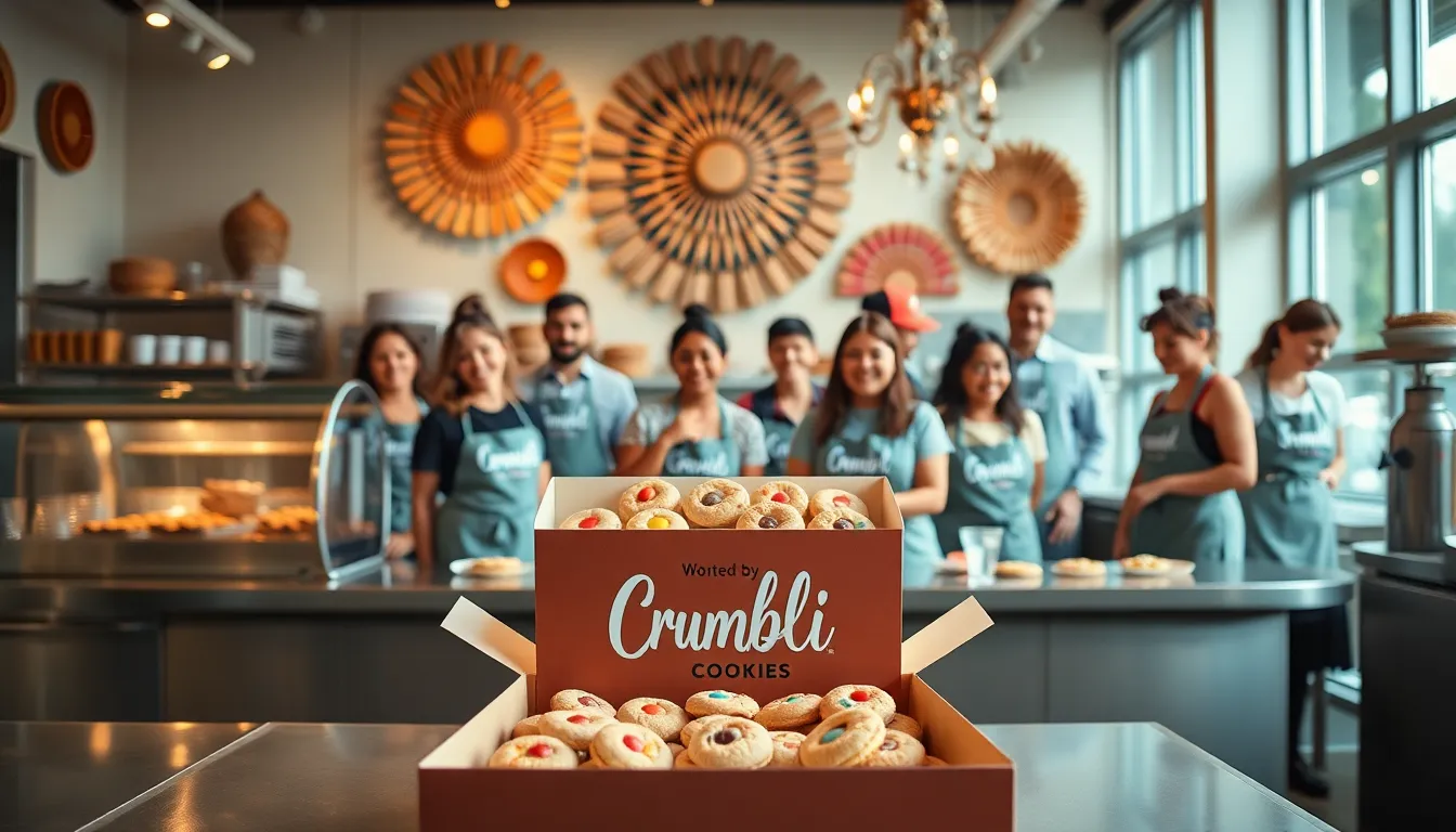a modern bakery display featuring colorful Crumbl Cookies.