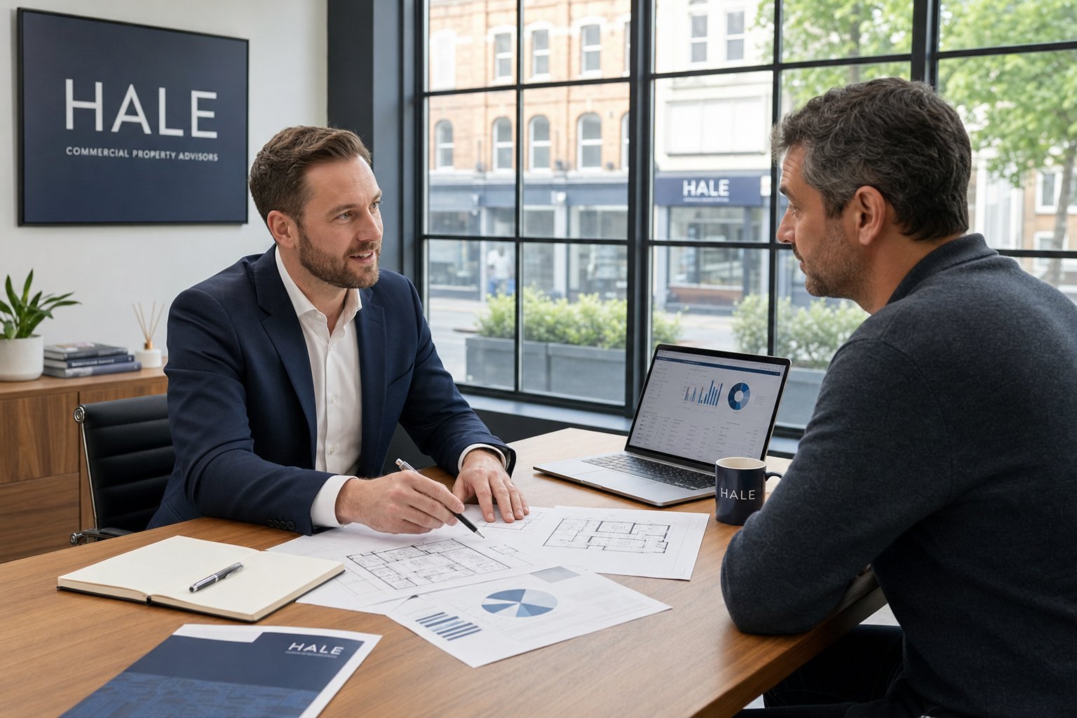 Business owner and adviser reviewing property plans and finances in a modern office in Hale.
