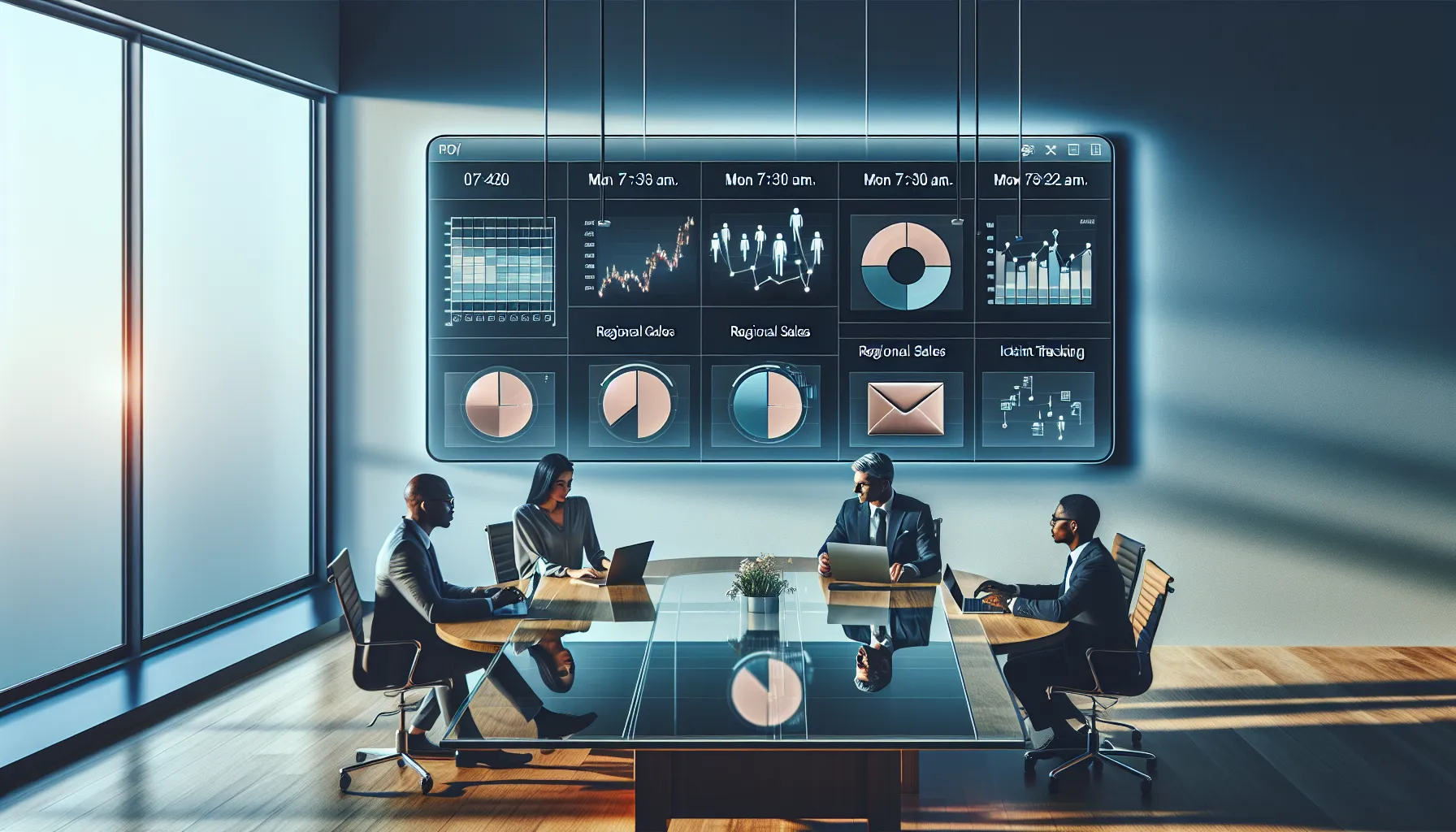 Professionals review automated Tableau dashboard emails scheduled on a shared office screen.