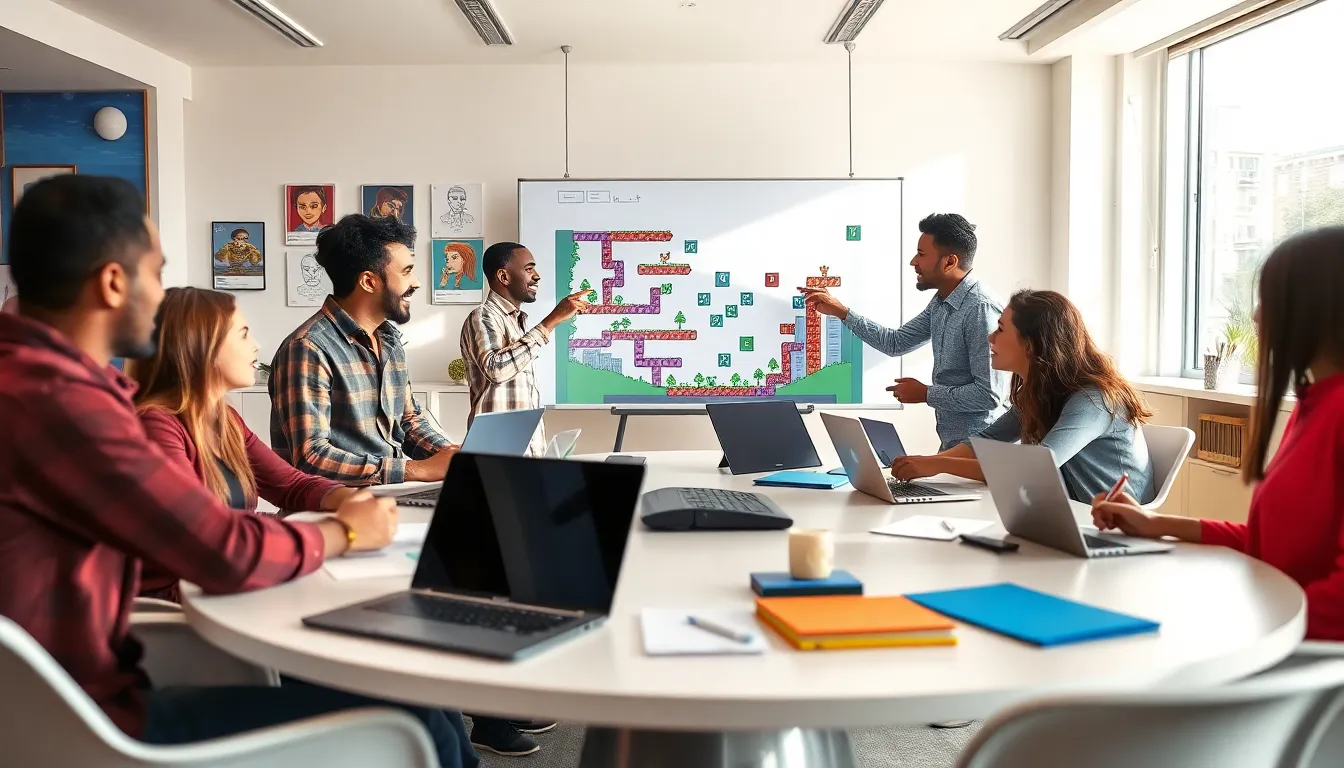 diverse team brainstorming game design ideas in a modern office.