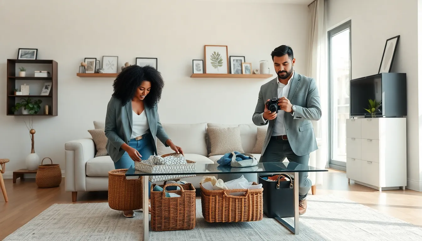 diverse team organizing a modern living room space.