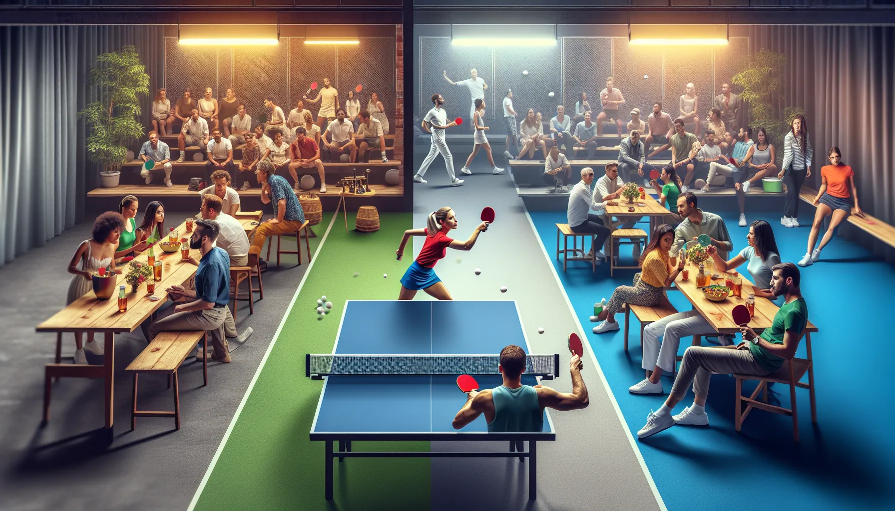 Professional table tennis setup next to casual ping pong game in a recreational setting.