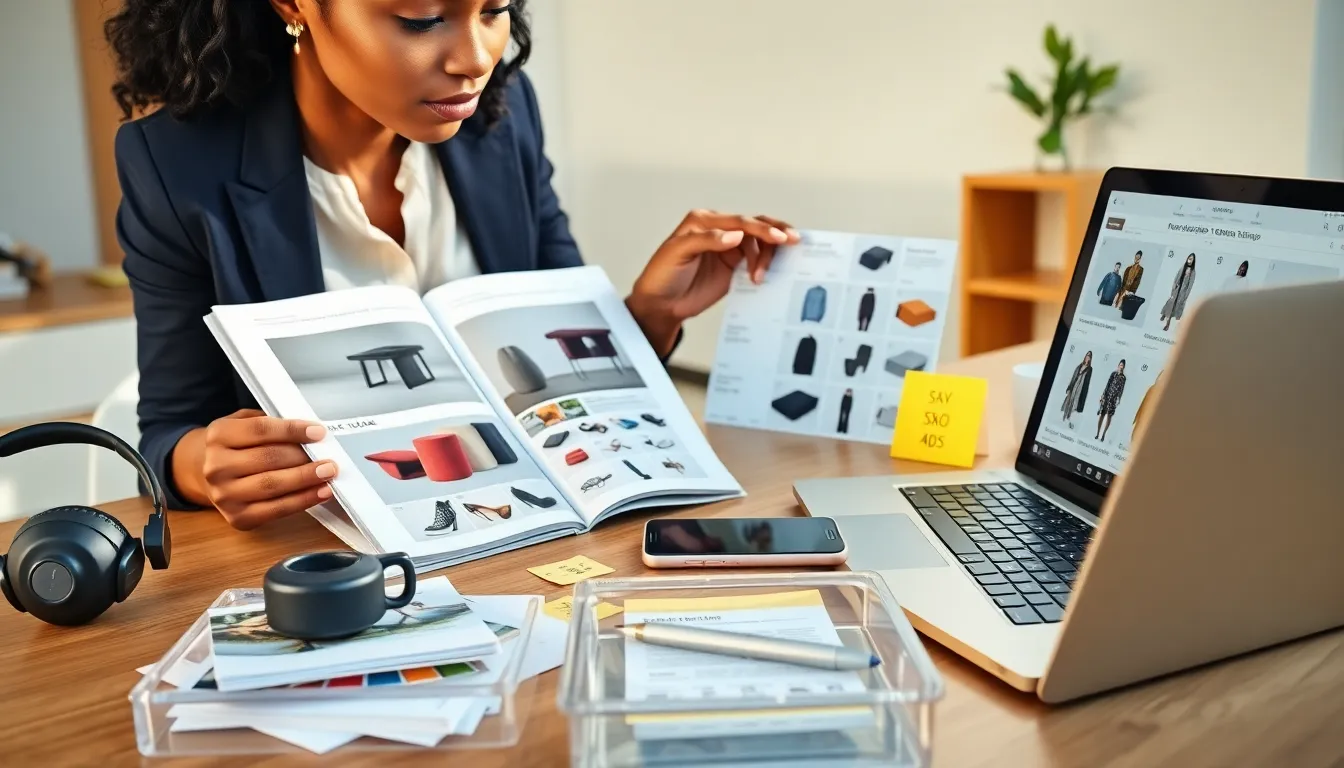 Merchandiser reviewing a printed and digital catalog at a sunlit desk