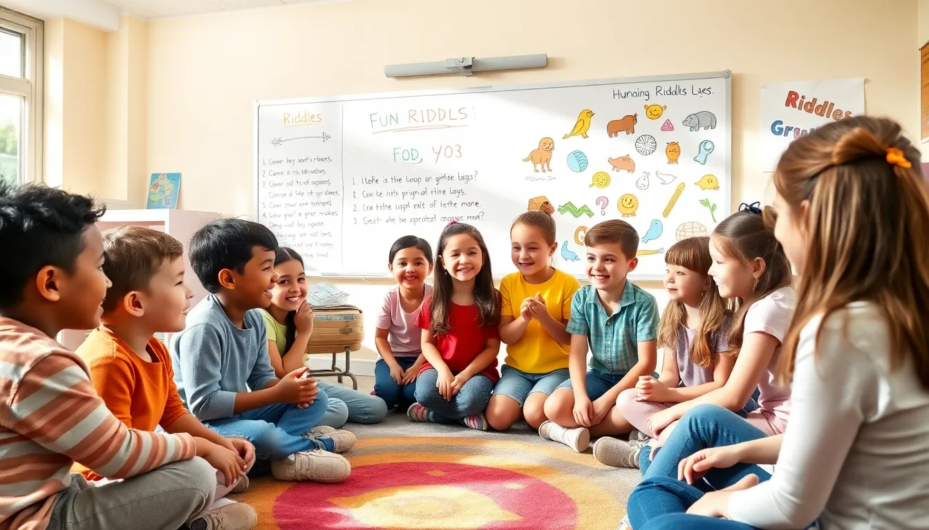 group of diverse kids solving riddles in a colorful classroom.