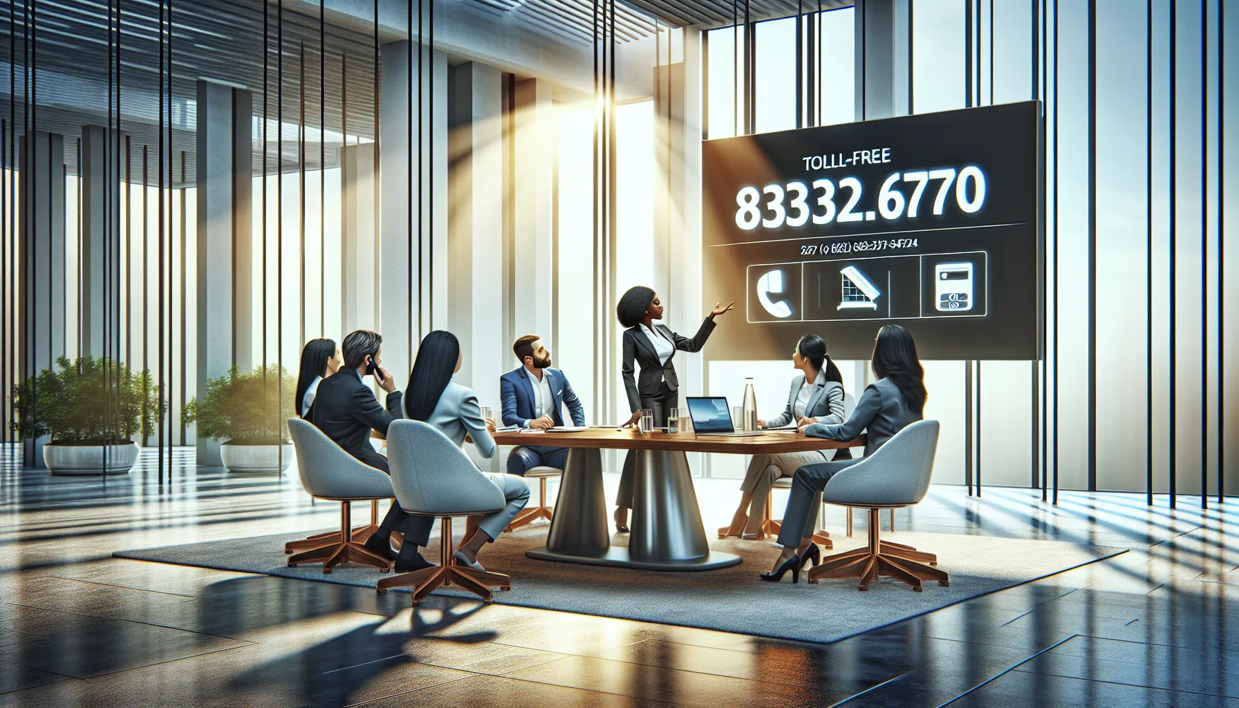 diverse professionals discussing toll-free number in a modern office.