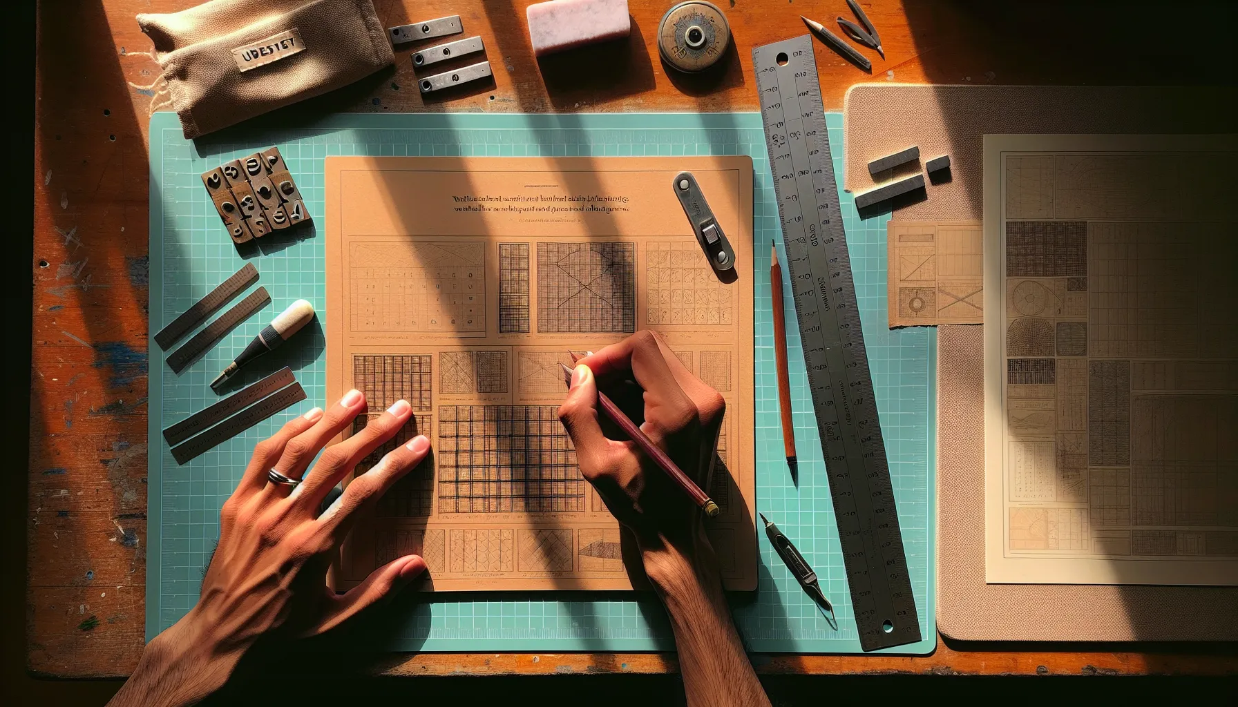 Norwegian designer’s hands sketch grid layouts with print tools at workbench.