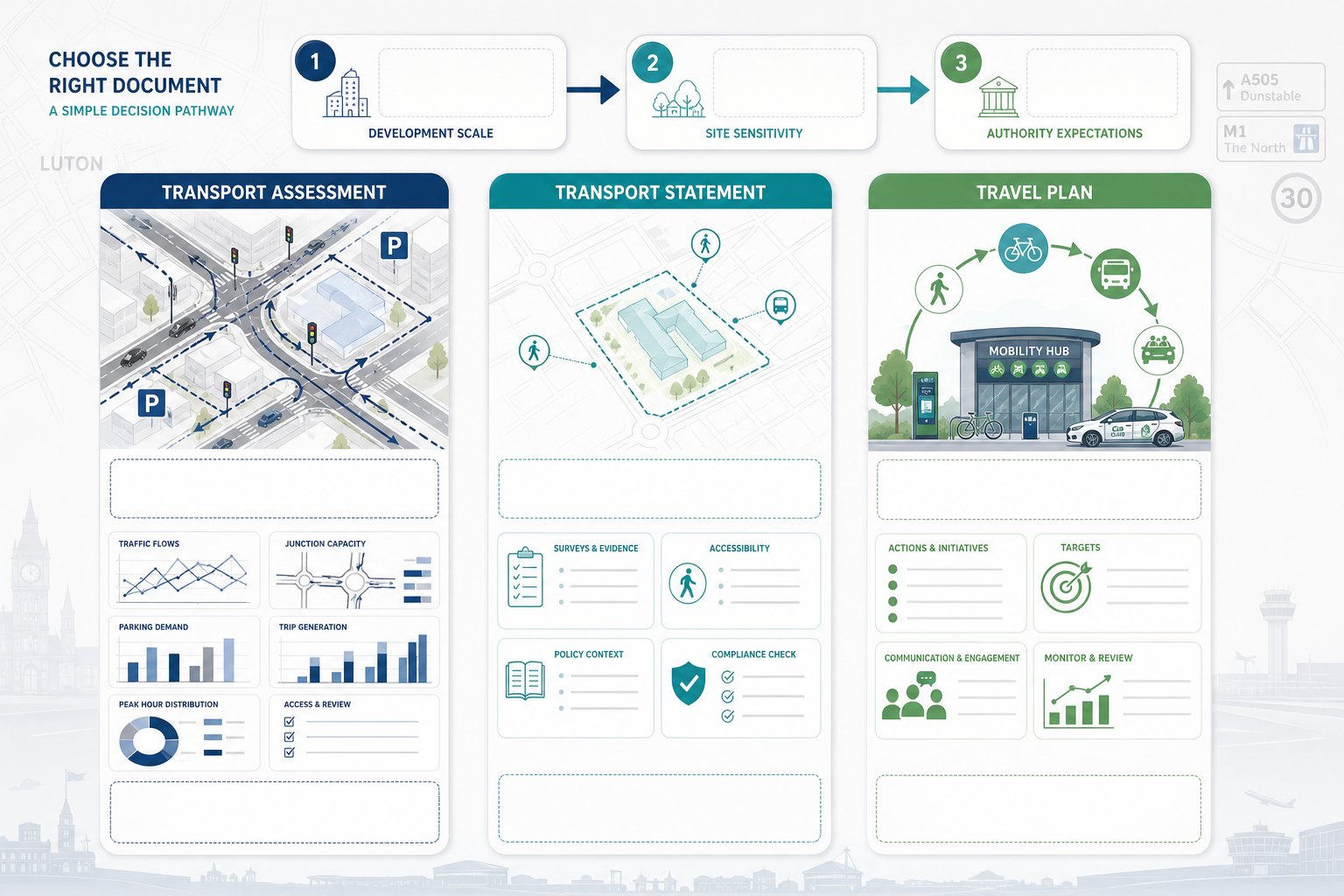 Comparison infographic of Transport Assessment, Transport Statement and Travel Plan.