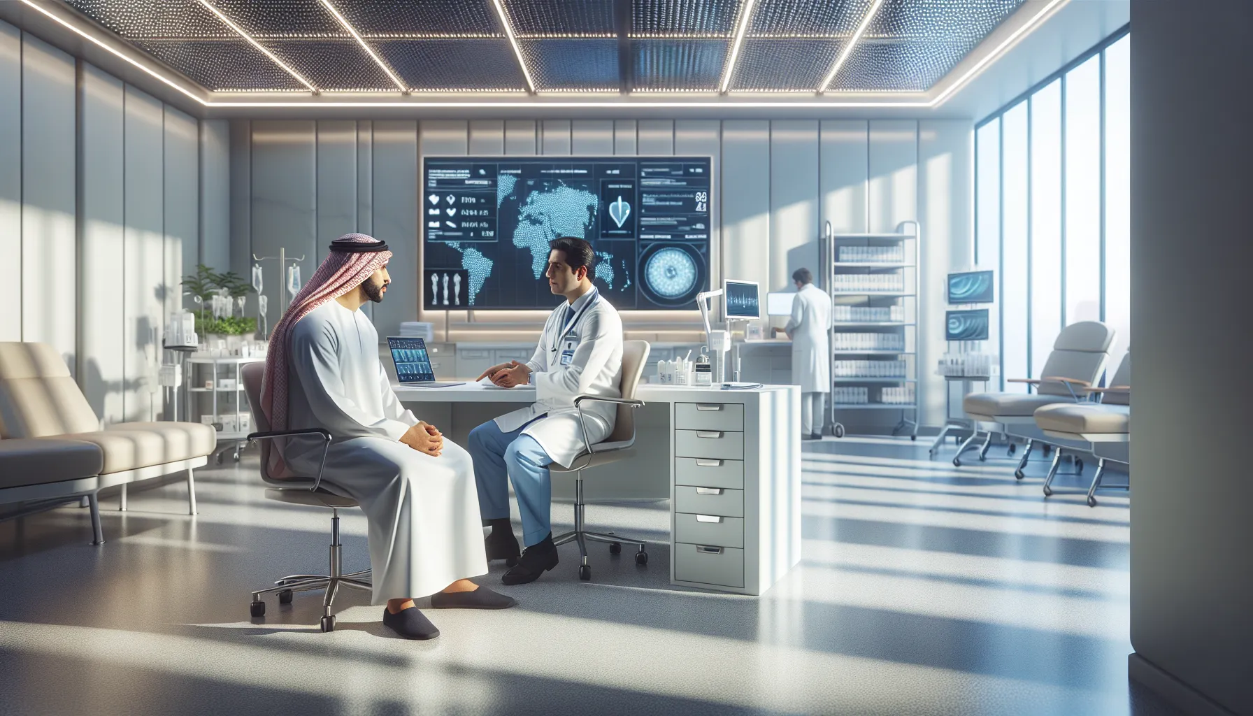 A doctor consults with a patient in a bright clinic setting.