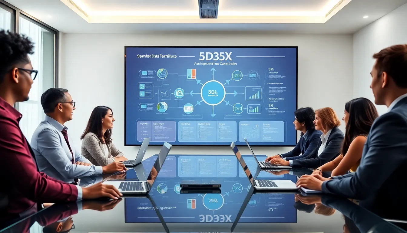 diverse team collaborating on 5D35X technology in a modern conference room.