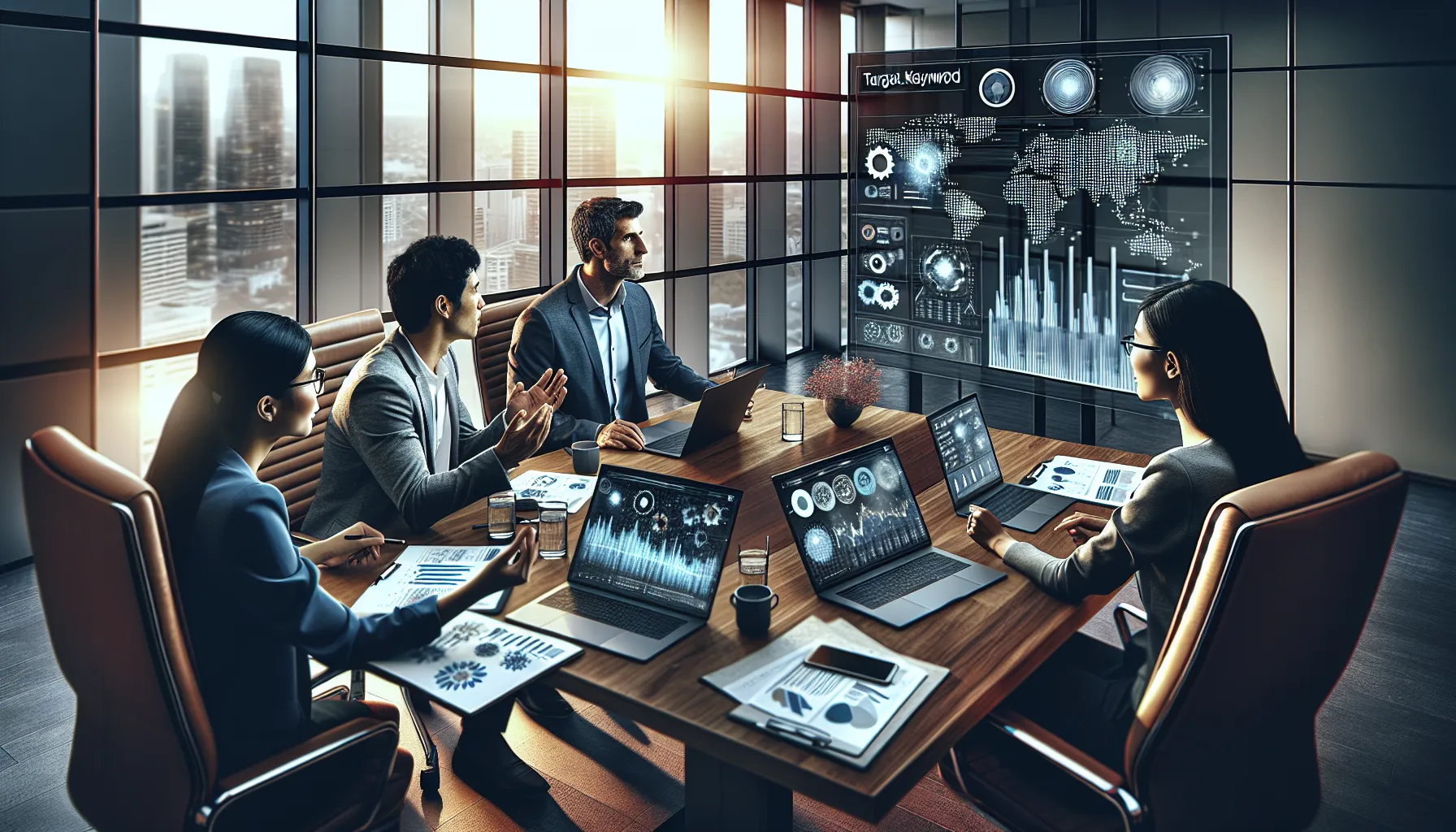 diverse team analyzing data in a modern conference room.