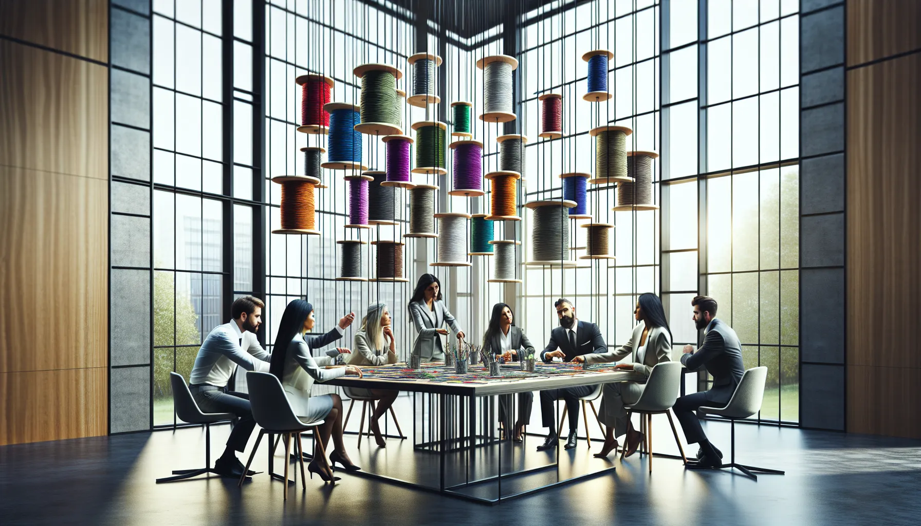 modern workspace with vertical spools and professionals collaborating.