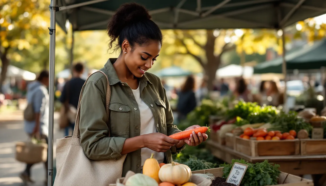 Woman examining fresh carrots at an autumn farmers' market with seasonal produce.