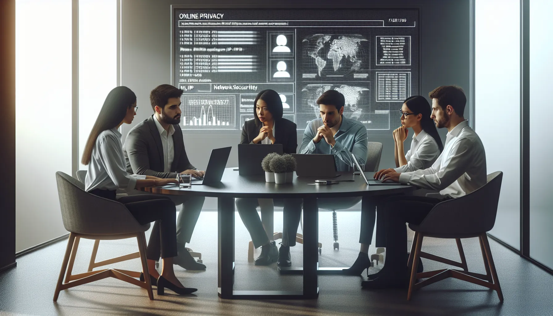 diverse team discussing online privacy in a modern office.