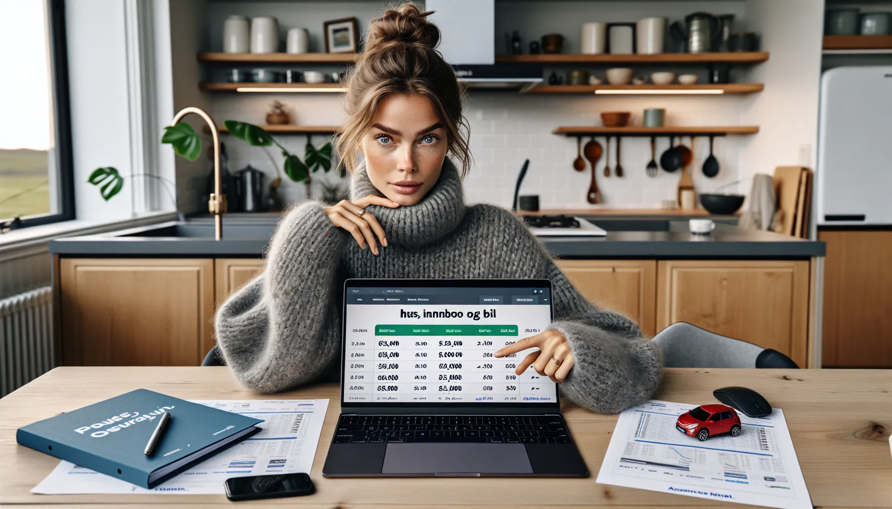 Slik kan du spare penger på forsikringer ved å sammenligne tilbud 2 Norwegian parent compares insurance offers on laptop at kitchen table.