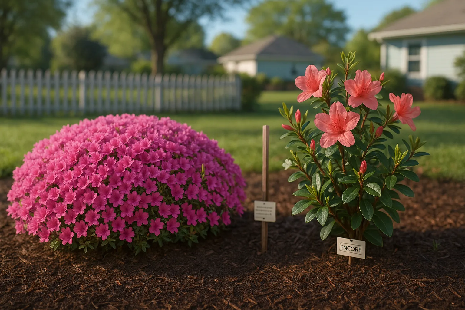 Two azaleas: dense Kurume mass bloom and an Encore repeat-bloomer with later buds.