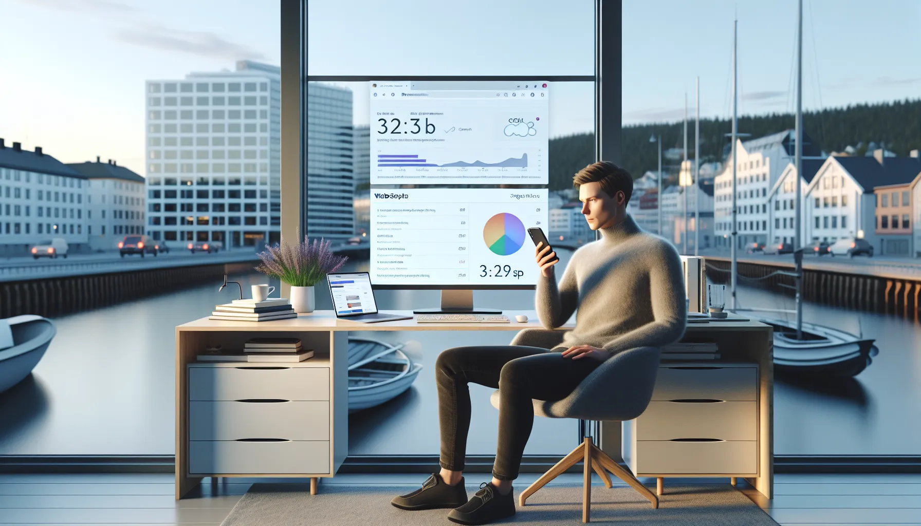 Slik sikrer du mobiloptimalisering for moderne seo 3 Norwegian seo specialist checking mobile pagespeed insights and responsive design in an office.