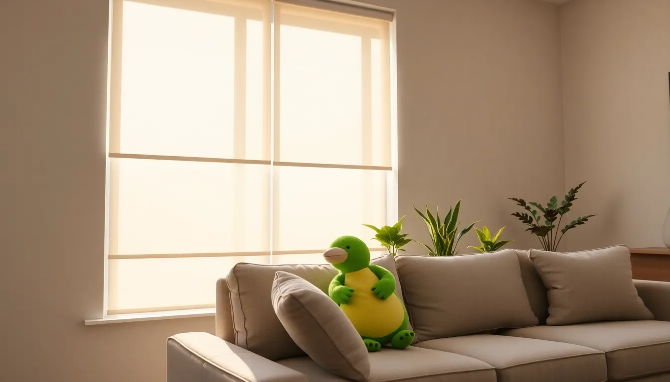 smart blinds in a modern living room with a platypus plush toy.