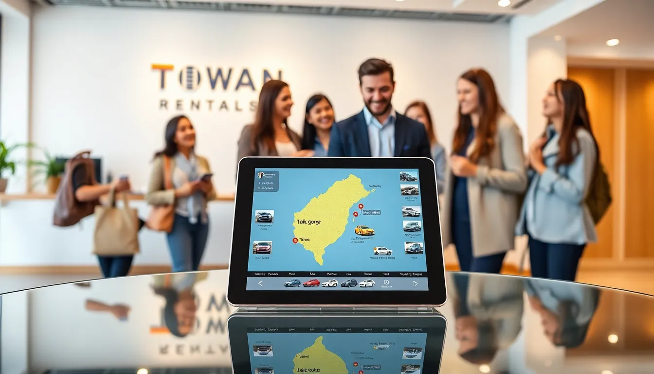 Travelers engaging with a rental agent in a modern car rental office.