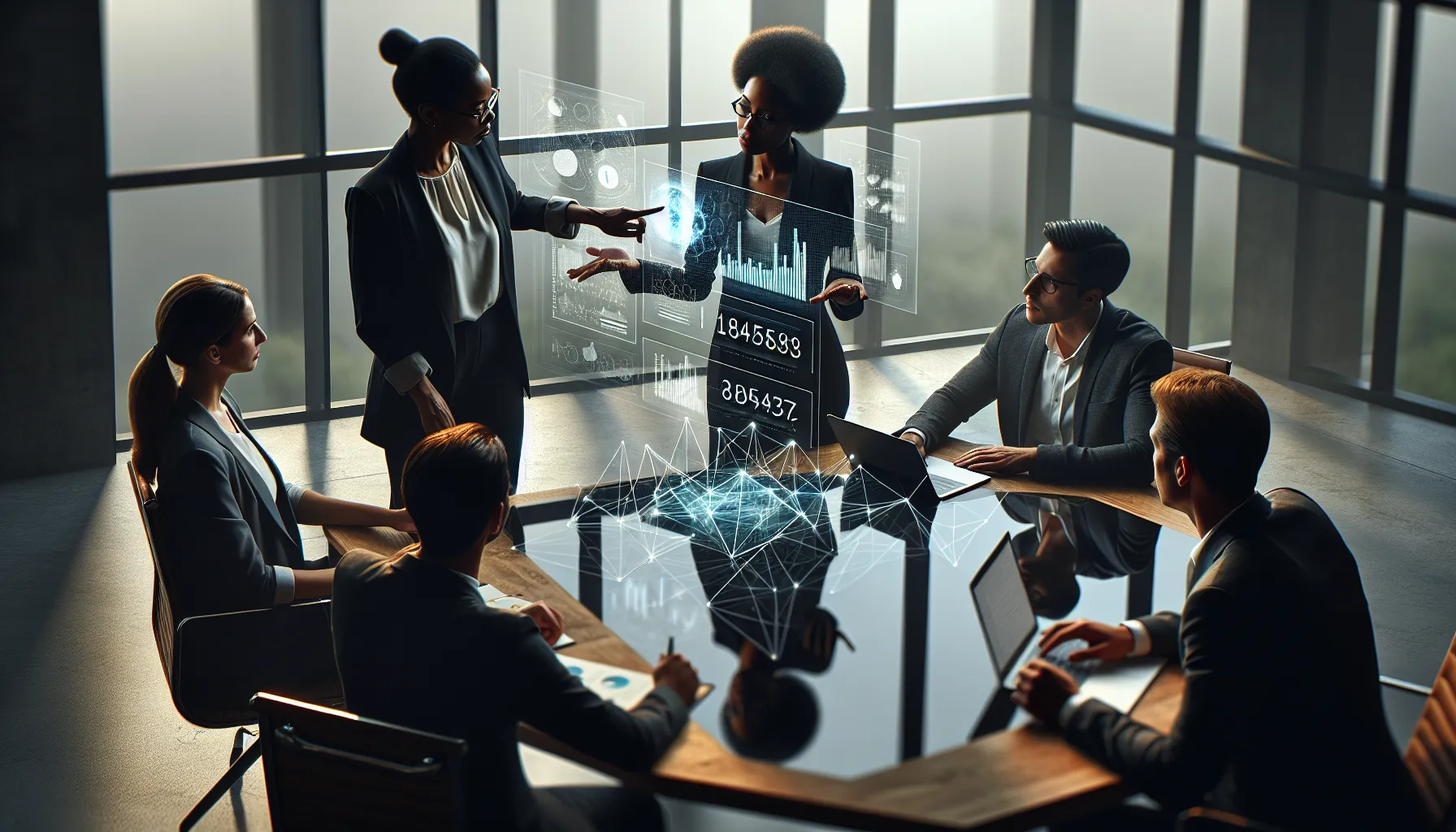 diverse team discussing data in a modern office.