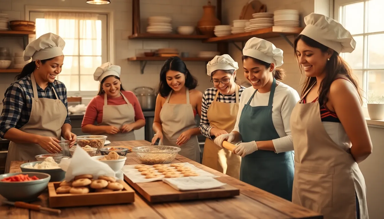 diverse bakers creating cookies in a warm, inviting kitchen.