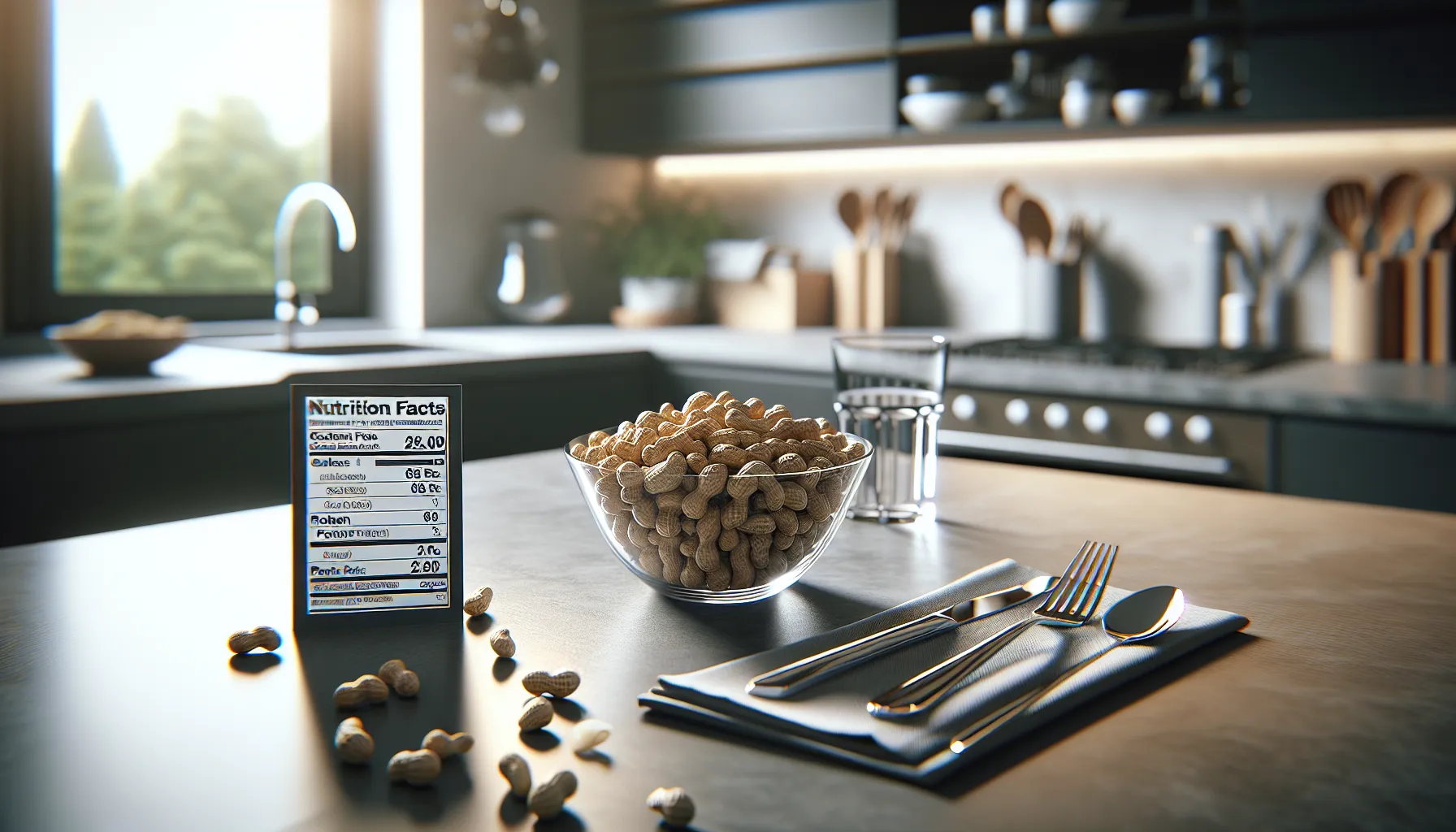 Bowl of roasted peanuts with a nutrition facts card on a modern counter.