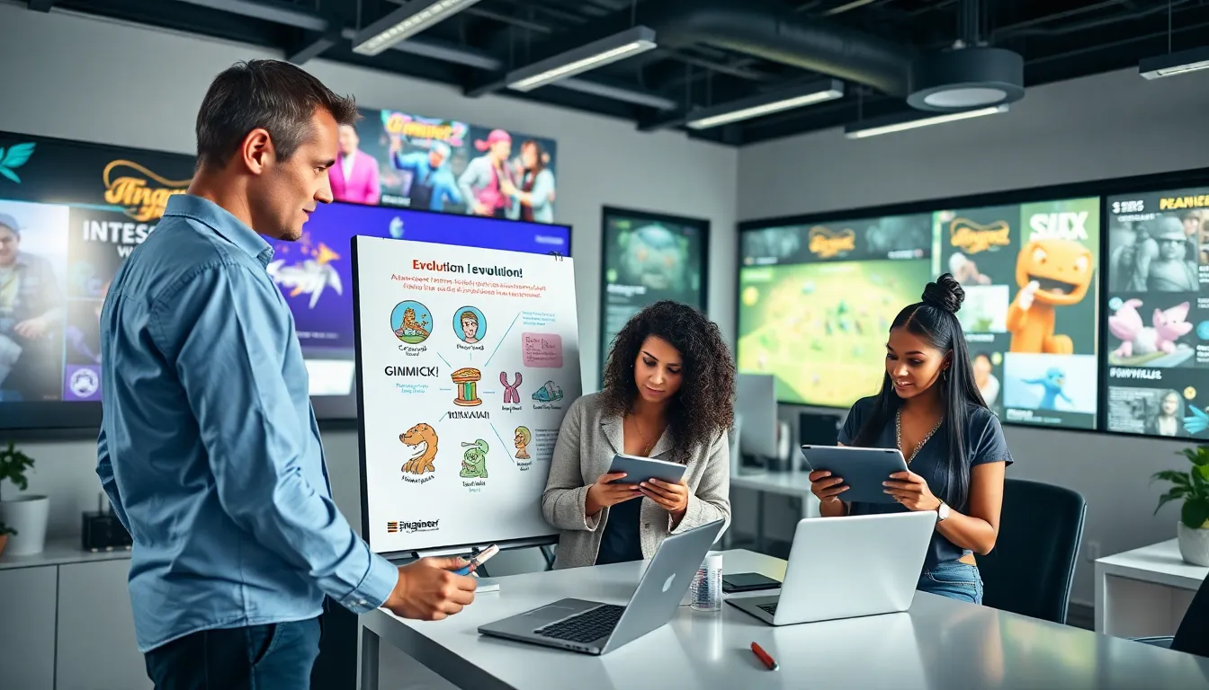 diverse team of professionals brainstorming game concepts in a modern office.
