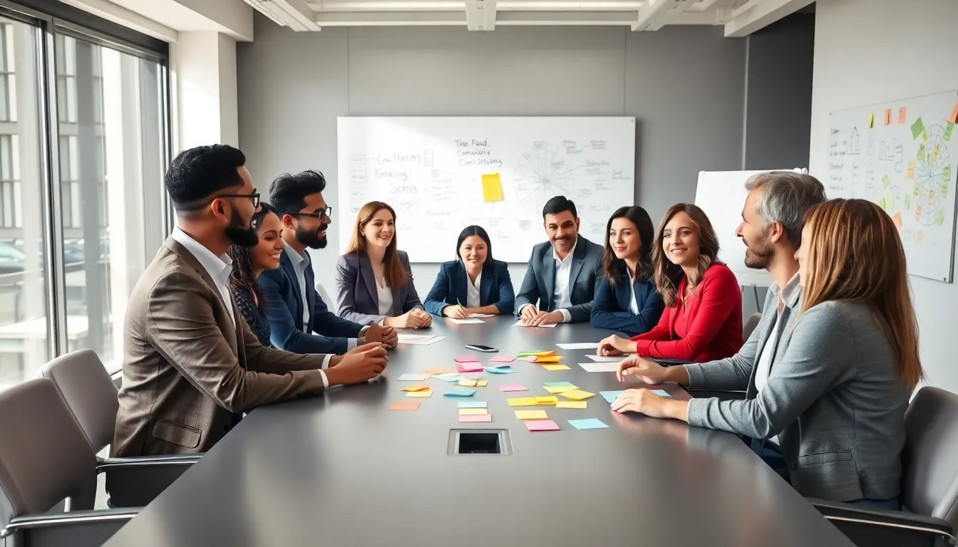 diverse group brainstorming in a modern office setting.