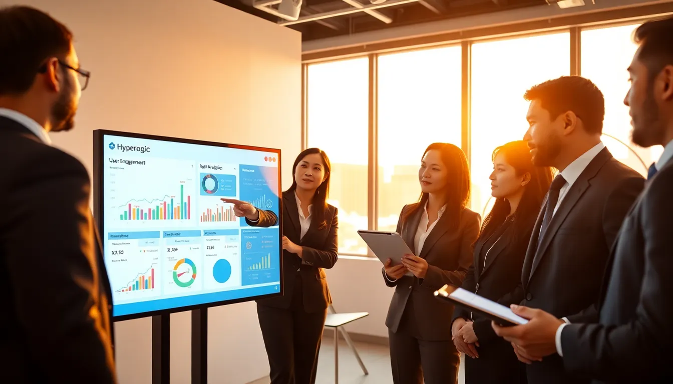 diverse professionals collaborating around a digital analytics dashboard in an office.