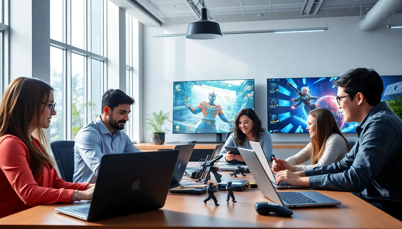 diverse team collaborating in a modern office focused on game development.