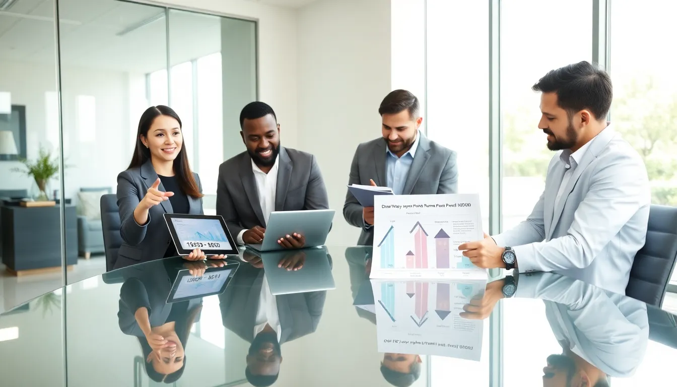 diverse team discussing down payments for a house in a modern office.