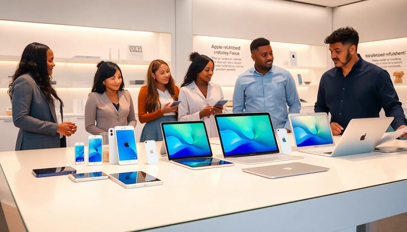 showcase of Apple refurbished products in a modern retail setting.