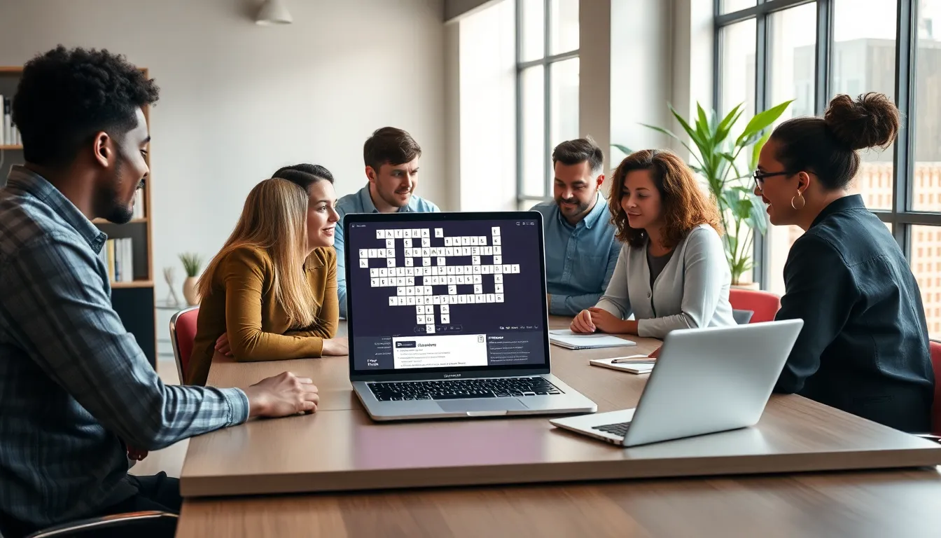 diverse team collaborating on an opinion-themed crossword puzzle in a modern office.