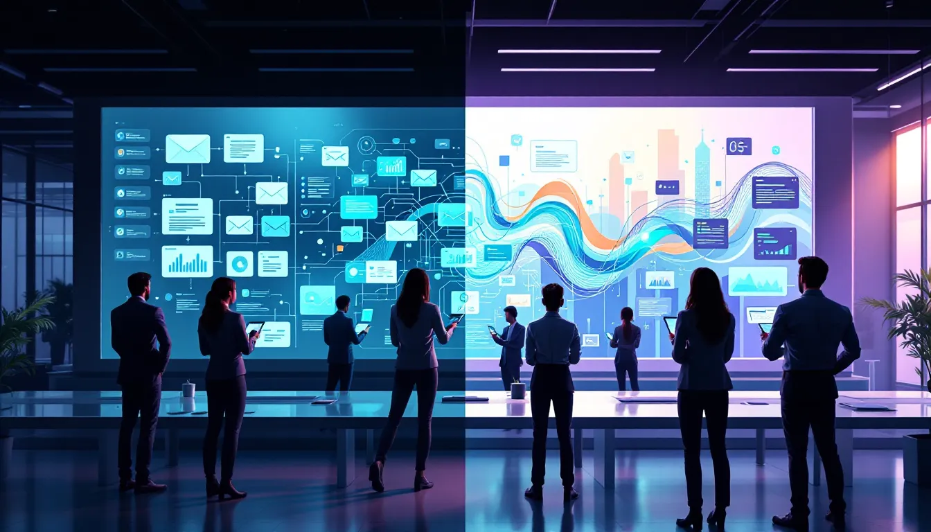 Split-screen showing traditional marketing automation evolving into generative AI with professional team at modern workstation.