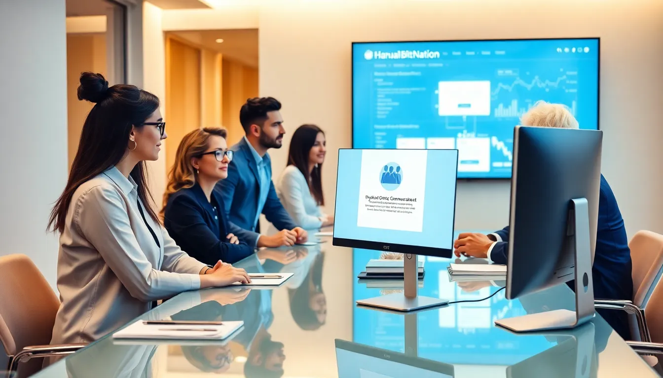 diverse professionals discussing email communication in a modern office.