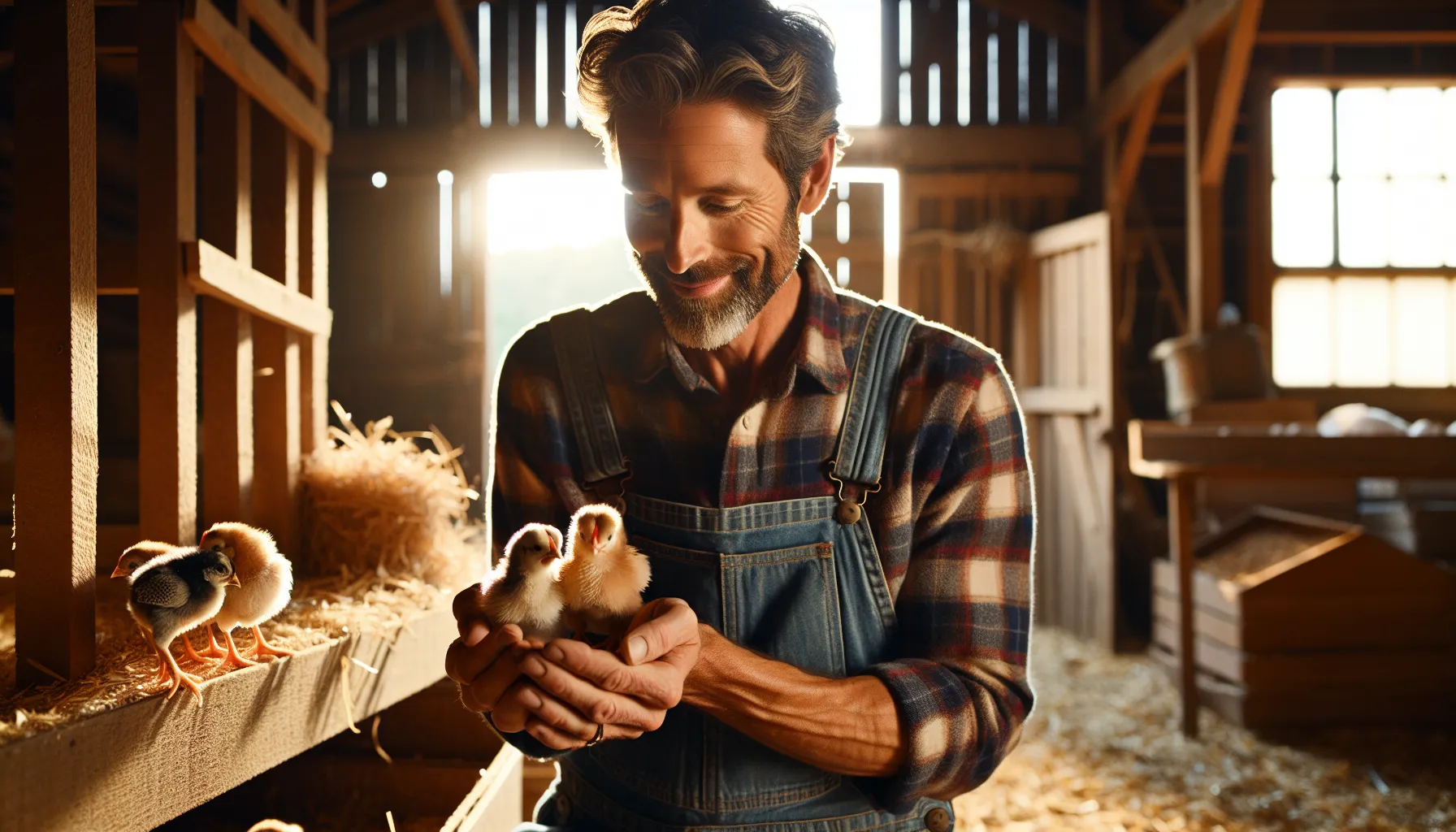 A farmer holding a male and female chick in a sunlit barn.