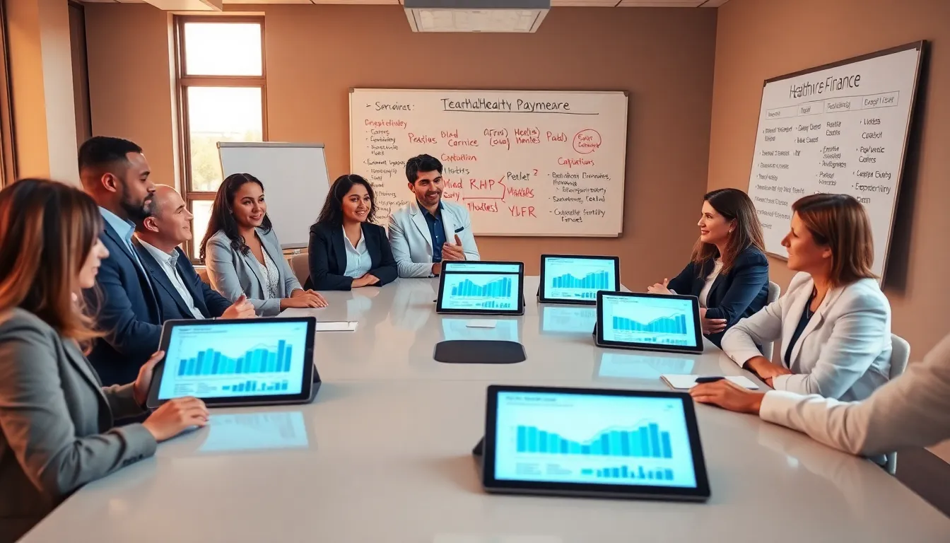 diverse team discussing healthcare payment systems in a modern office.