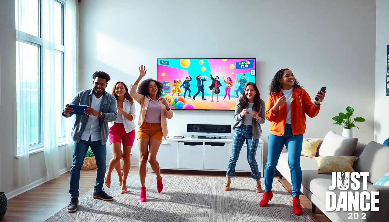 Friends dancing together in a modern living room, playing Just Dance 2022.