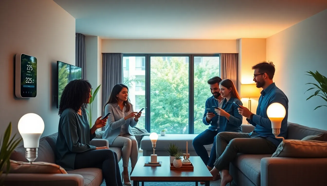 Diverse professionals controlling smart home devices in a modern apartment.