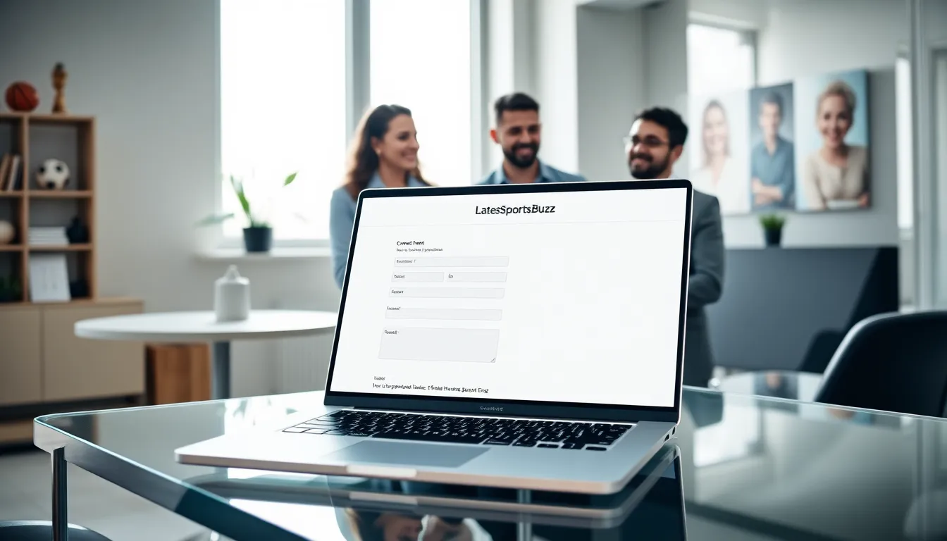 Professionals discussing a contact form on a laptop in a modern office.