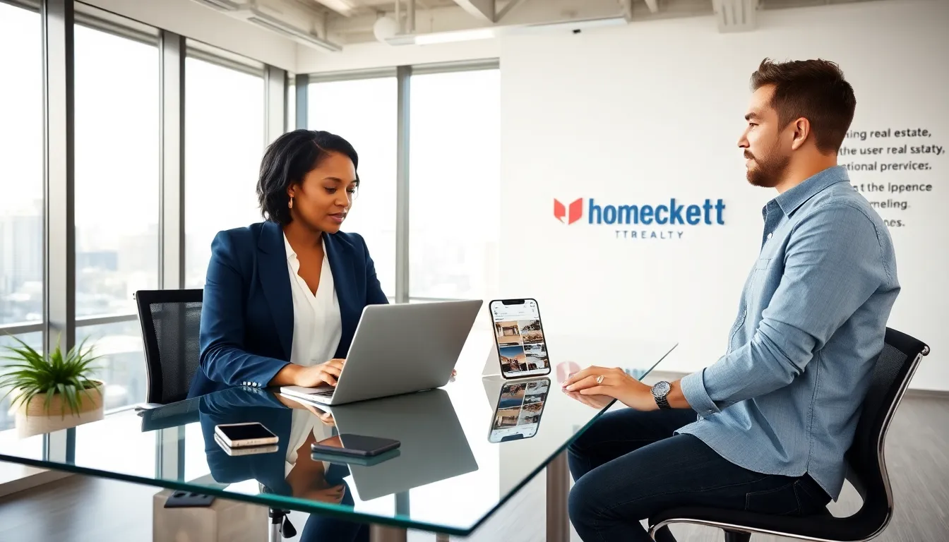 A woman and a man discussing real estate in a modern office.