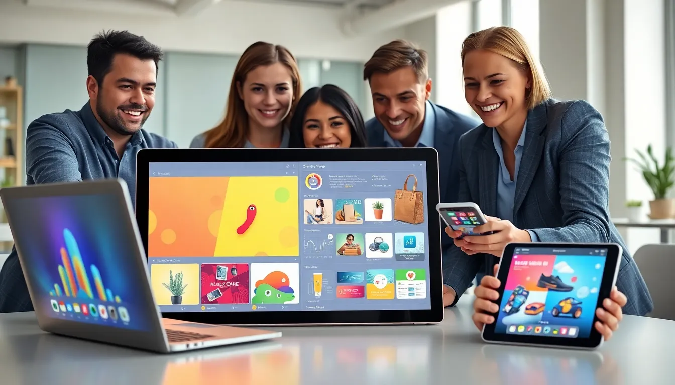 professionals collaborating on smart shopping ads in a modern office.