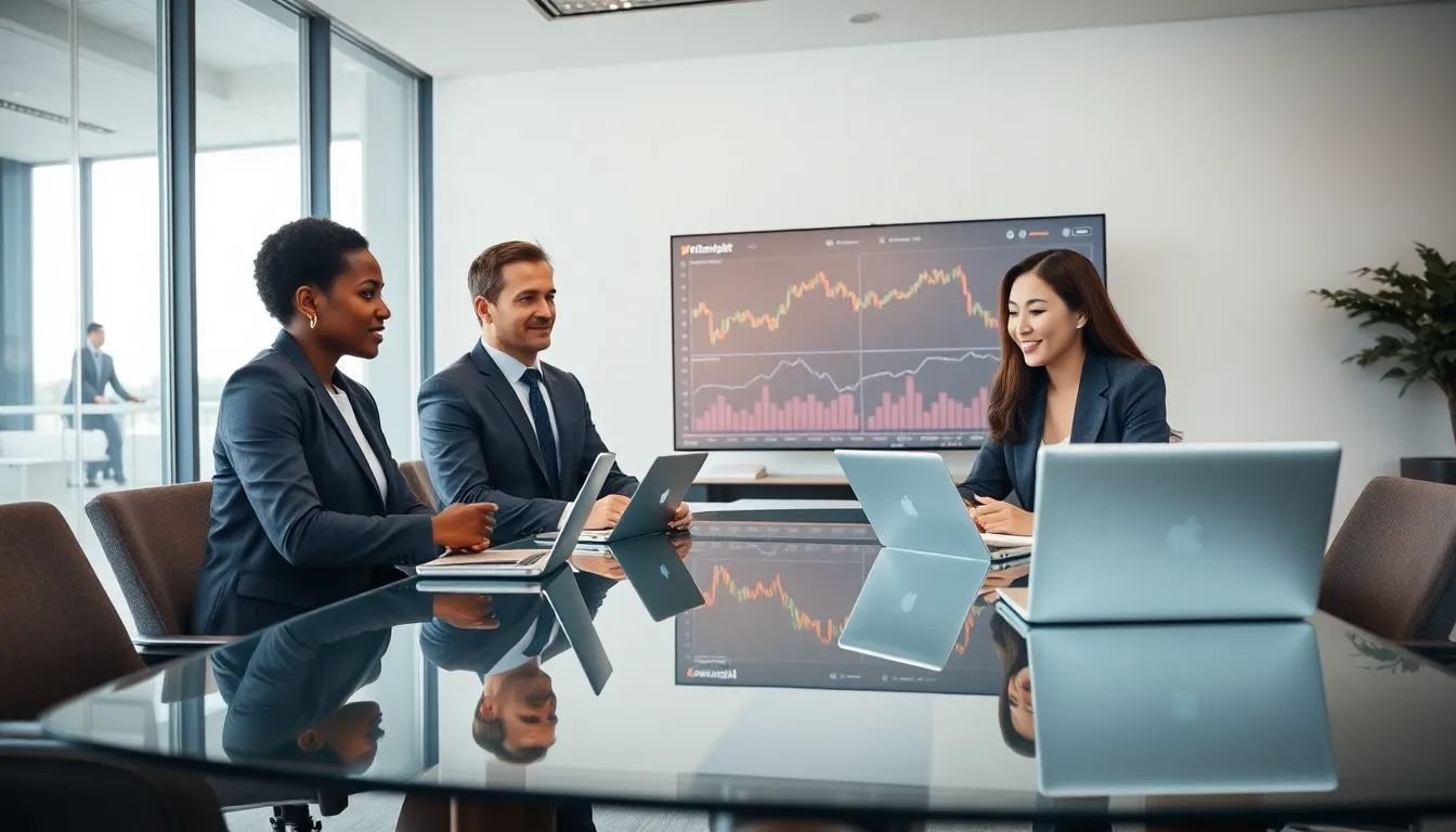 diverse team discussing investment opportunities in a modern office.