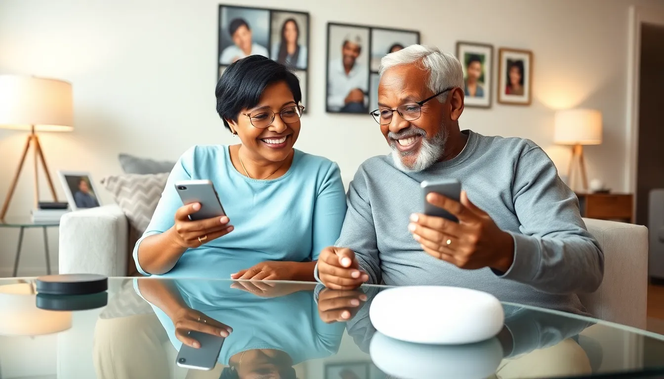 senior couple using AT&T smartphones in a modern living room.
