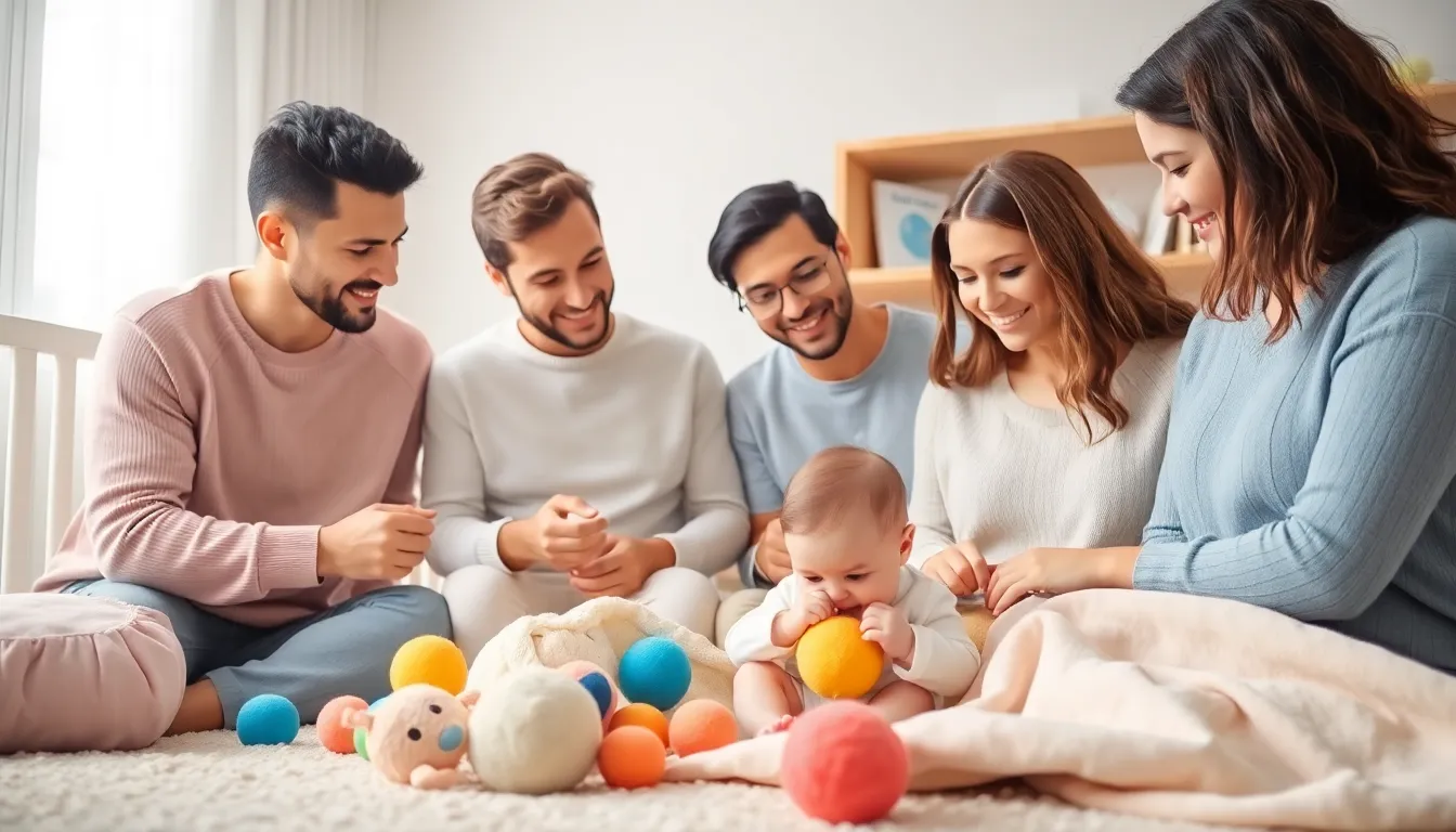 Parents observing infants exploring a nursery filled with soft toys.